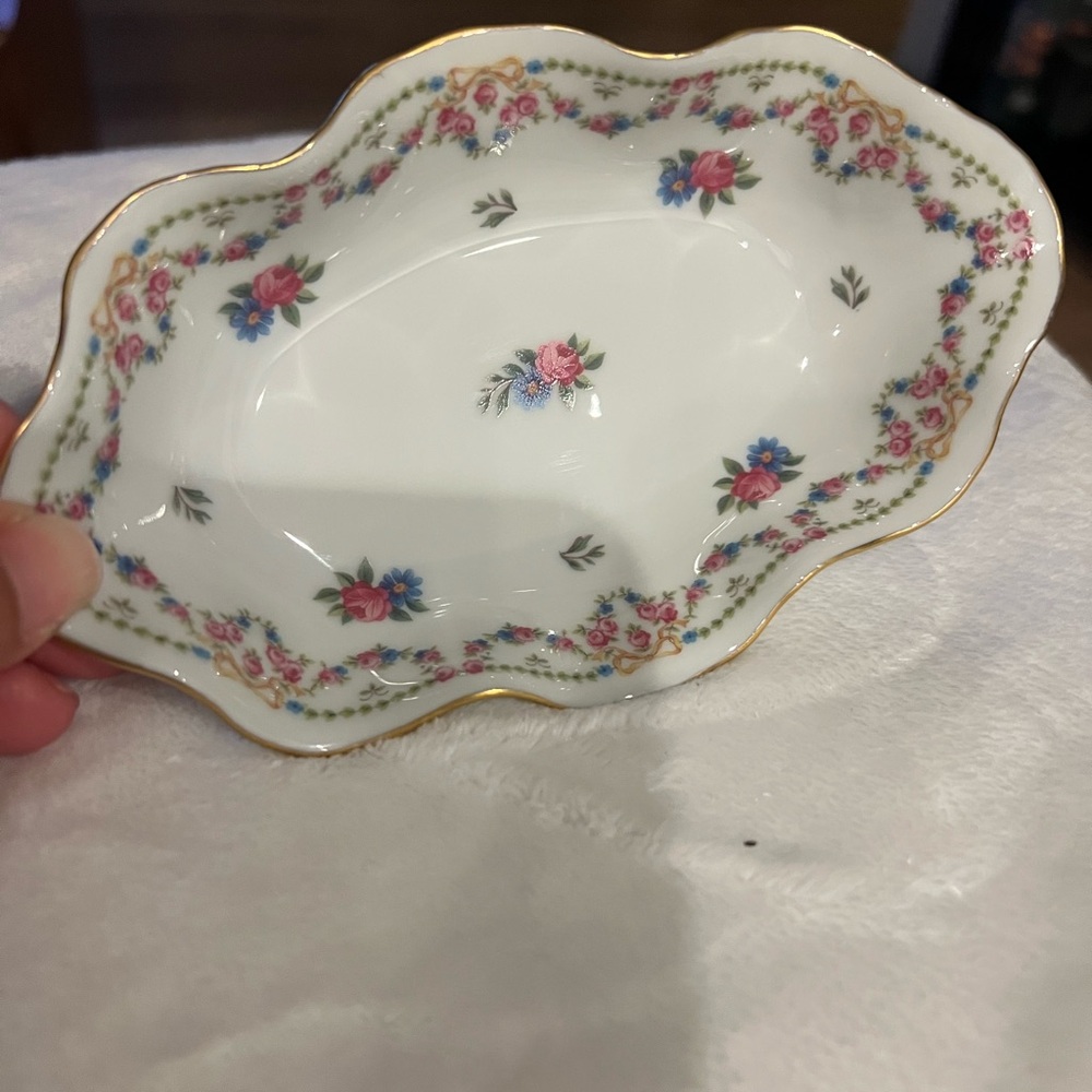 Vintage Limoges Eximious France Porcelain Oval Scalloped Trinket Floral Dish